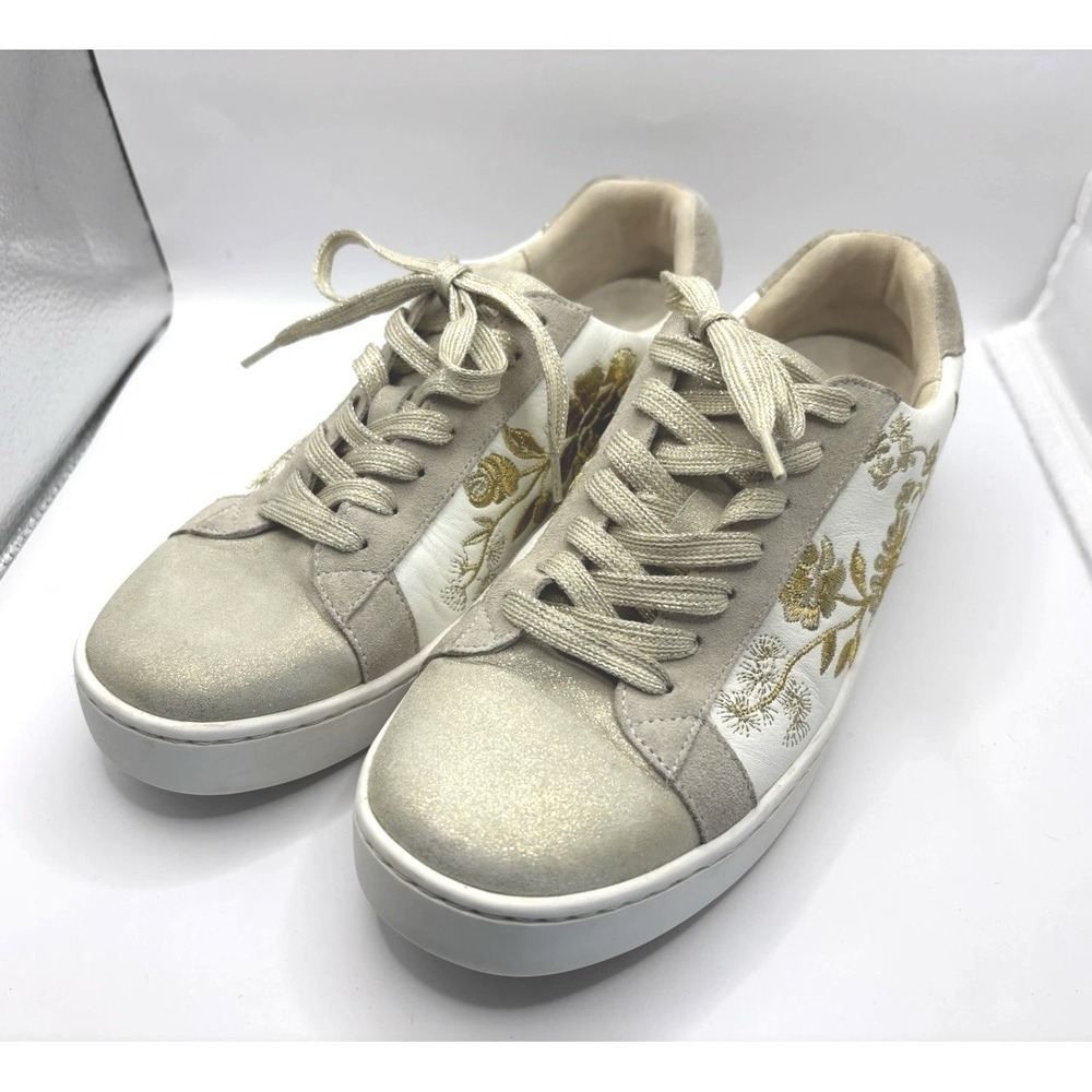 JOHNNY WAS Embroidered Leather Sneakers Vixie Floral Gold Gray - Size 9 White